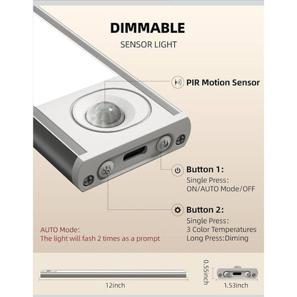 Set of 6 12in Under Cabinet Magnetic Rechargeable Motion Sensor Light