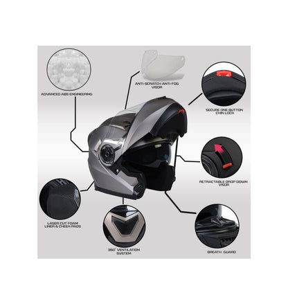 Milwaukee Helmets Ionized Silver Motorcycle Modular Helmet Biker w/ Drop Down Visor X-Large