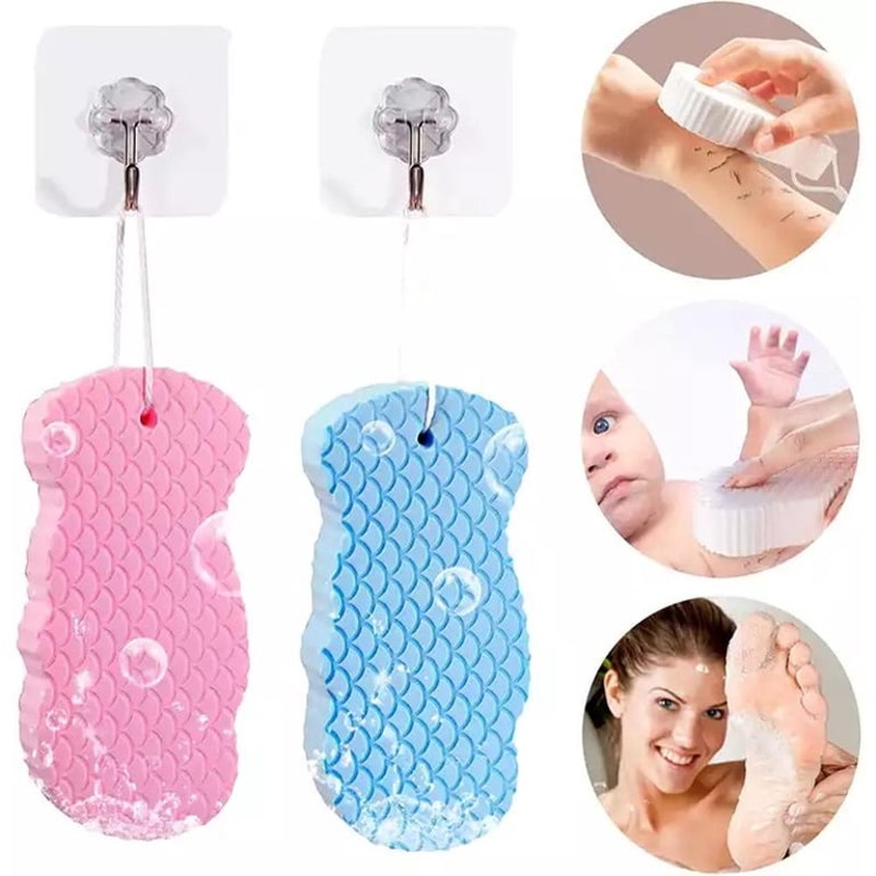 Set of 2 Exfoliating Bath Sponges Super Soft w/ Built in Hanging Rope