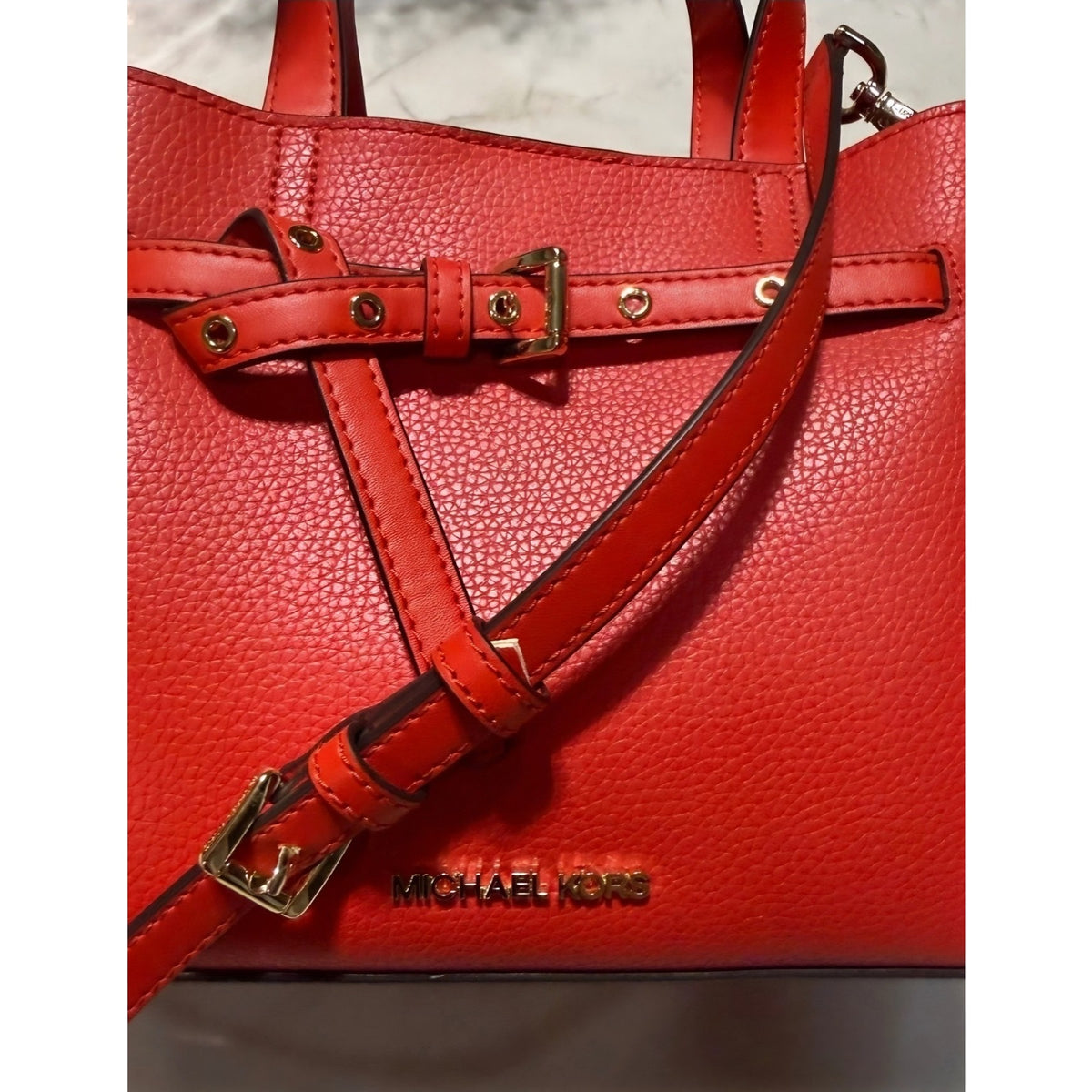 NEW Michael Kors Emilia Small Belted Satchel Red Pebbled Leather Crossbody Bag