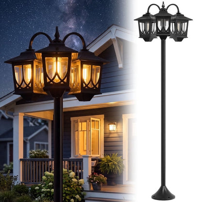 3-Head Solar Lamp Post Light Outdoor Waterproof 73" Adjustable Height