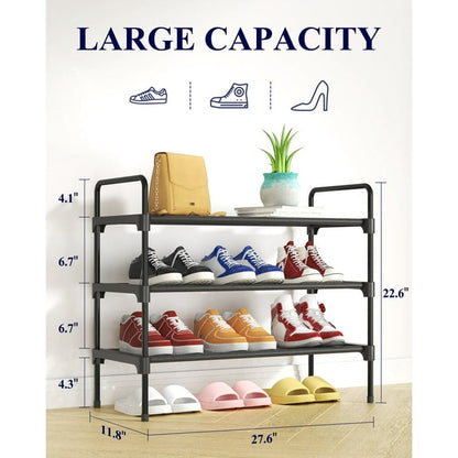 Kitsure 3-Tier Shoe Rack for Closet, Sturdy Shoe Organizer, 27.6" x 11.8" x 22.6", Black