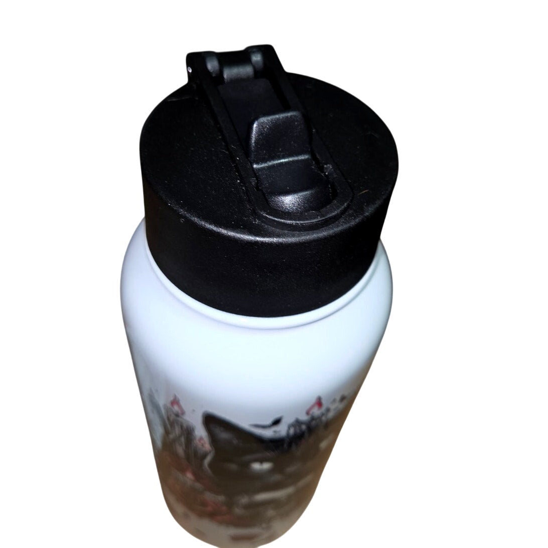 Cat & Skull Flower Halloween Water Bottle Stainless Steel Insulated w/ Straw UV DTF