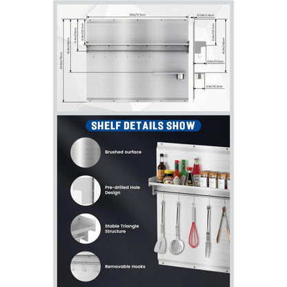 36"x30" Stainless Steel Backsplash for Stove & Range Hood w/ Shelf