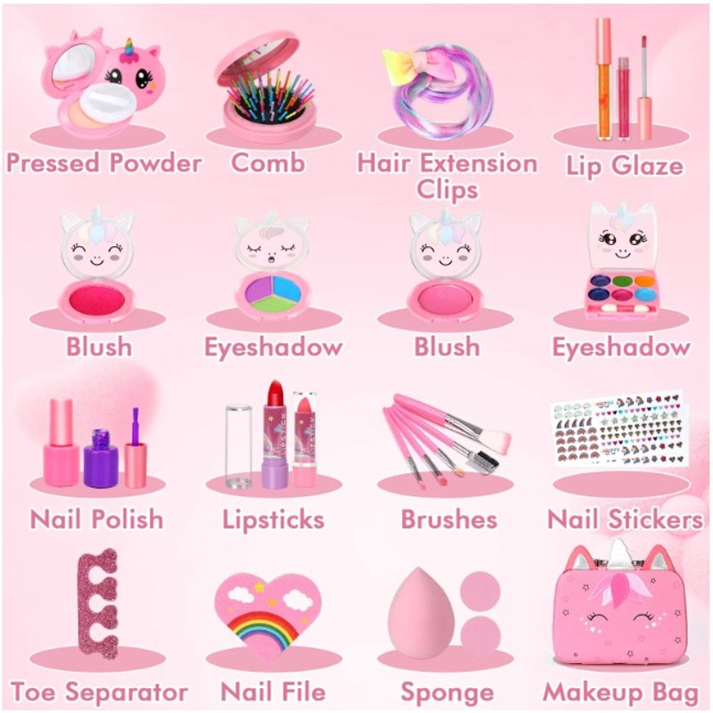 Real Washable Kids Makeup Unicorn Suitcase Set Toy Age 3-12 Little Girls