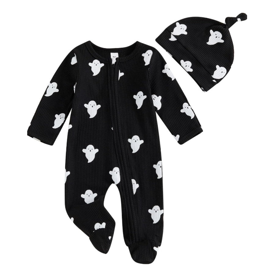 Newborn Baby Halloween Footies Zipper Footed Romper One Piece Jumpsuit with Hat