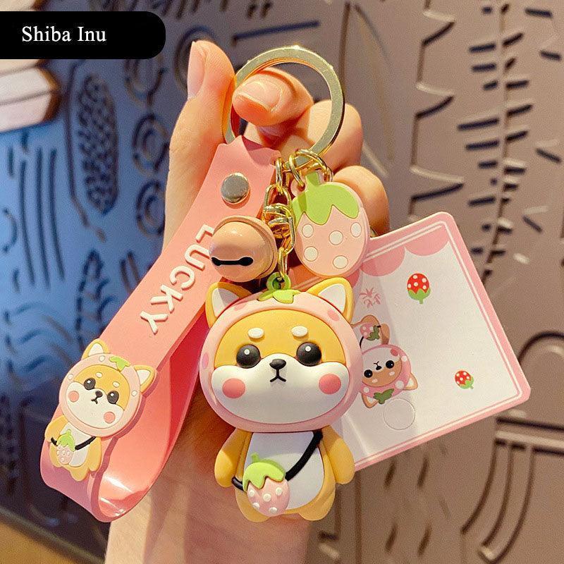 Cute Shiba Inu Keychain for Her in Pink Strawberry Design