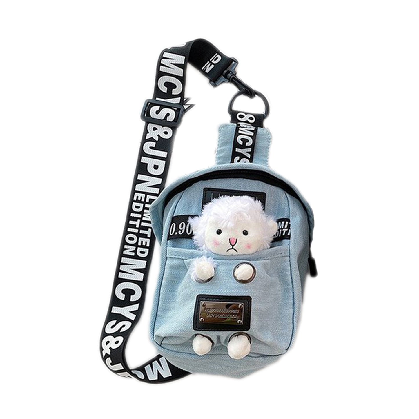 Mini Denim Crossbody Sling Bag with Animal Charm Adjustable Strap