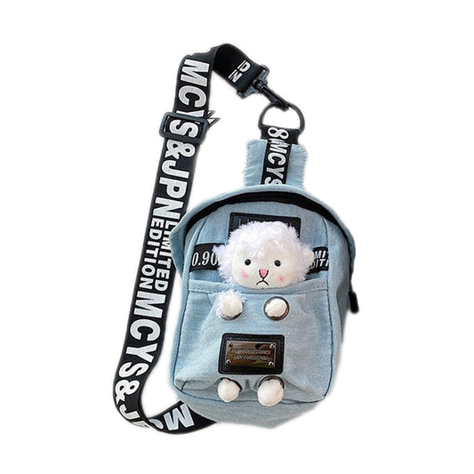 Mini Denim Crossbody Sling Bag with Animal Charm Adjustable Strap