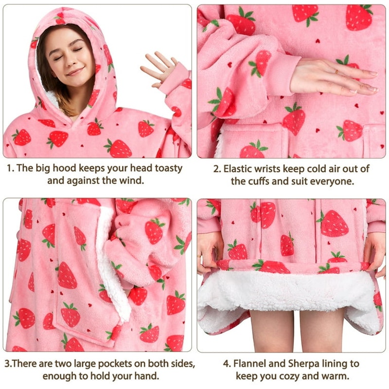 Wearable Strawberry Sherpa Blanket Hoodie w/ Front Pockets