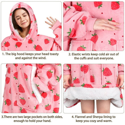Wearable Strawberry Sherpa Blanket Hoodie w/ Front Pockets