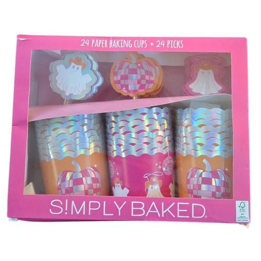 48pc Halloween Pink Cowboy Ghost Themed Cupcake Baking Cups & Picks Set NEW