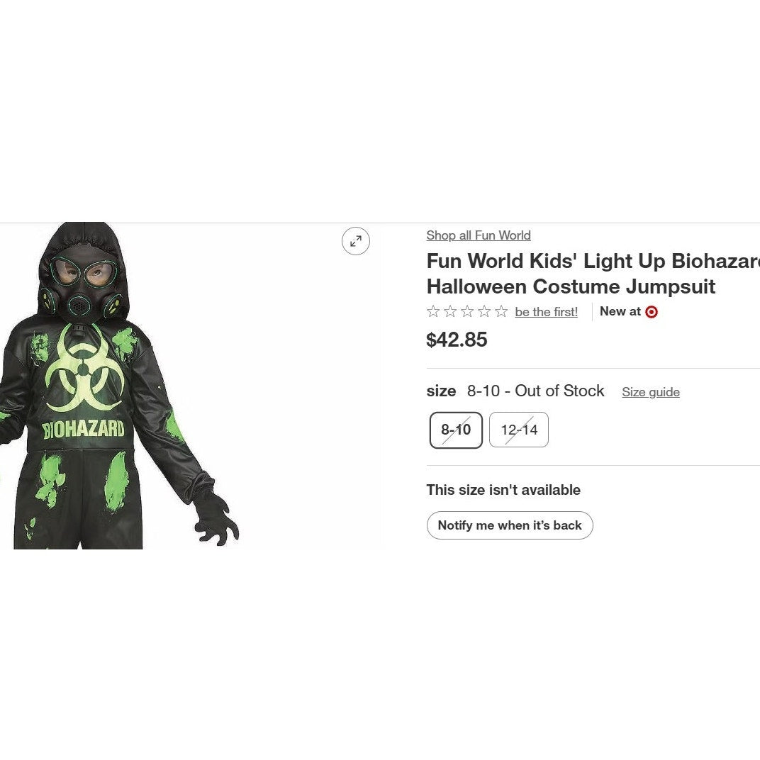 New Kids' 8-10 Light Up Biohazard Hooded Jumpsuit Halloween Costume Jumpsuit