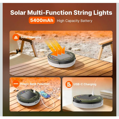 Solar Camping String Lights, 5400mAh/ 49.2FT/ 11 Modes Rechargeable