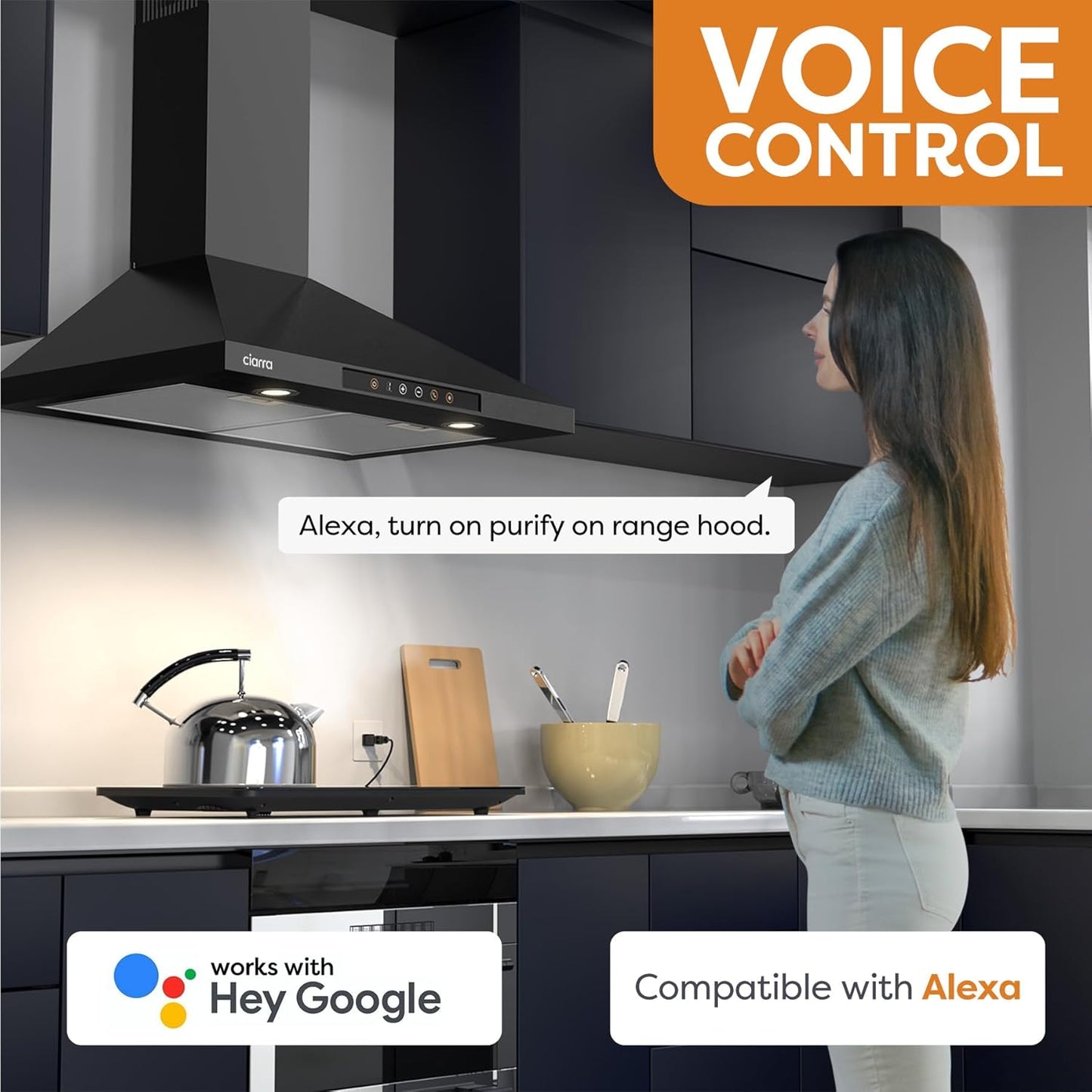 Black Range Hood 30" Wifi Smart Home Device Voice Control Stove Vent 3 Speed Fan Wall Mount