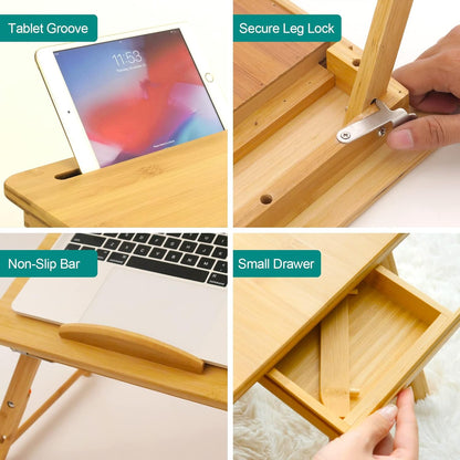 Bamboo Laptop Lap Desk Bed Tray Table Adjustable Angle & Height w/ Tablet Phone Slot Drawer