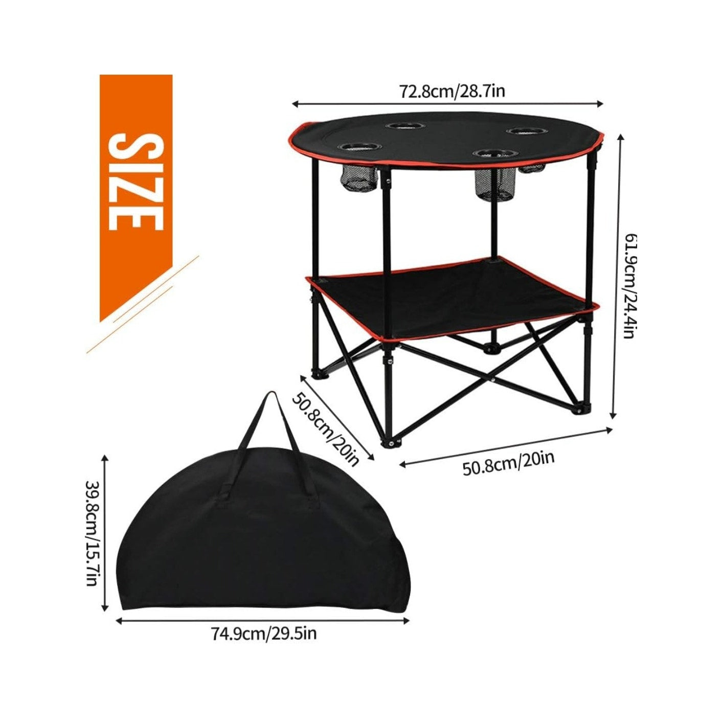 Camping Table Portable Folding Steel Frame w/ 4 Cup Holders & Carry Case