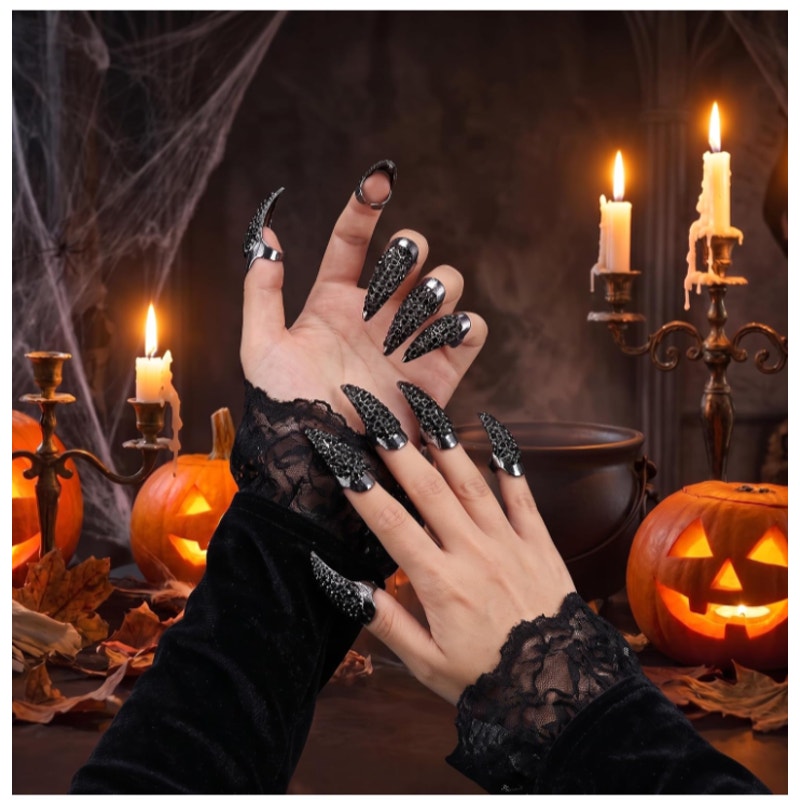 10 Pcs Halloween Black Jeweled Nail Claw Ring Costume Claws