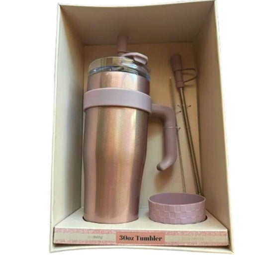 30 oz Stainless Steel Tumbler Gift Set w/ Straw Cleaning Brush & Silicone Boot in Rose Gold Shimmer