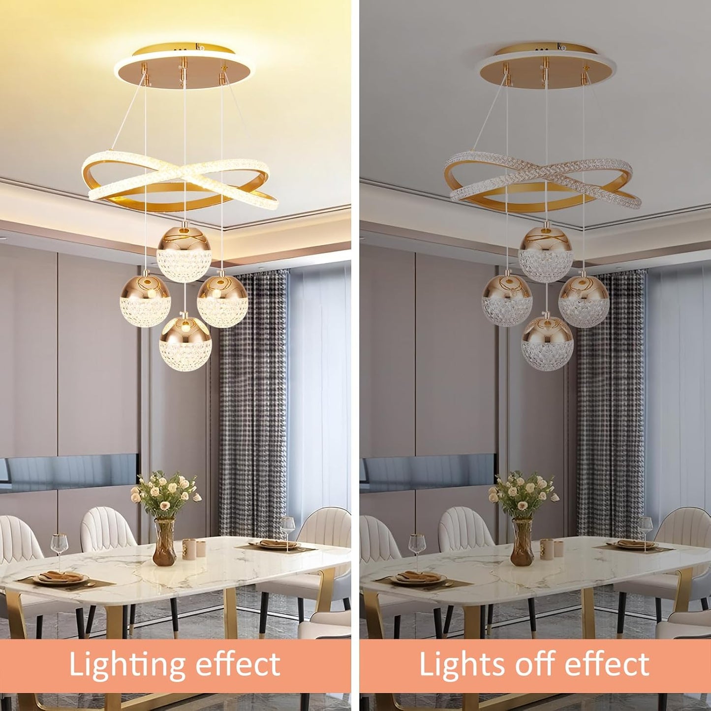 Gold LED Chandelier 3-Color Dimmable Hanging Pendant Ceiling Light Adjustable Height