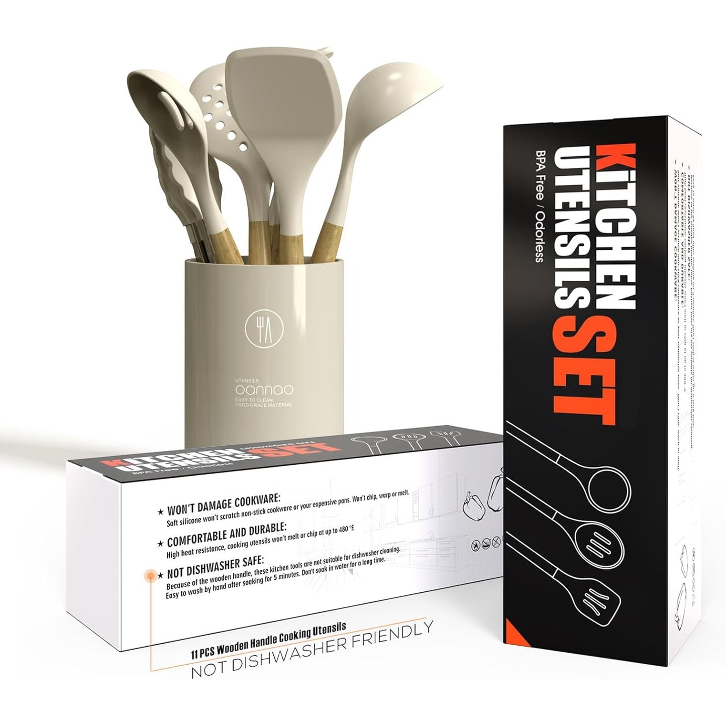 Silicone Kitchen Cooking Utensils Set Spoon Ladle Spatula Set w Wooden Handles Non-Stick Cookware