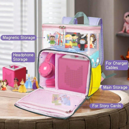 Backpack for Toniesbox Organizer Bag w/ Transparent Top, Magnetic Figure Holder, Front Pocket & Side Pouches – Fits Toniebox, Headphones & Figures