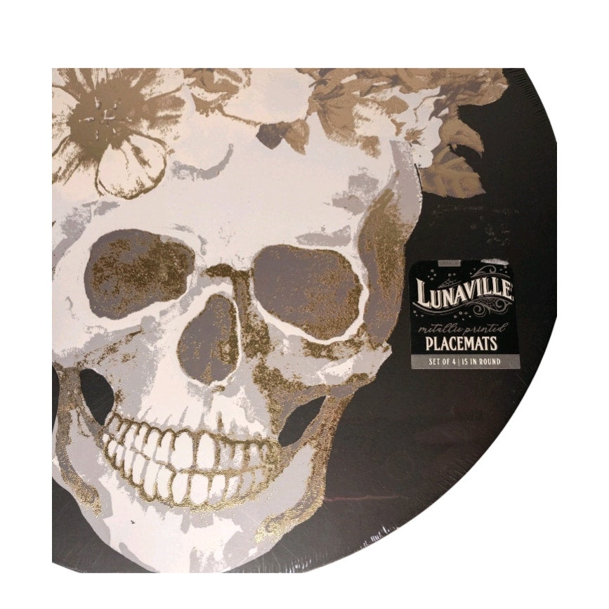 Halloween Skull Floral Placemats with metallic accents (Set of 4, Round 15 inch)