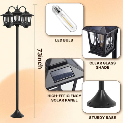 3-Head Solar Lamp Post Light Outdoor Waterproof 73" Adjustable Height