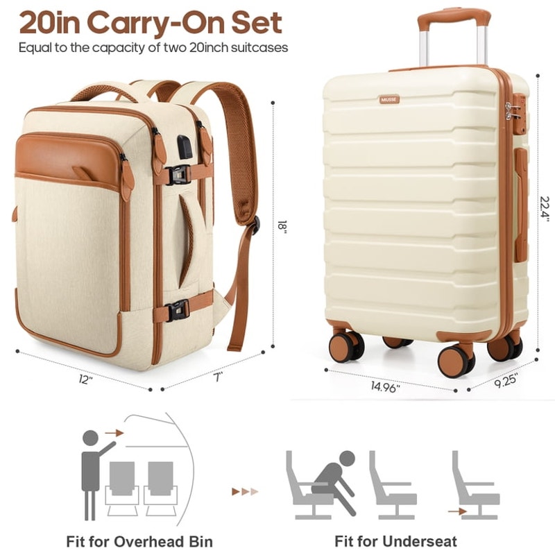 360 Degree Spinner Wheels Carry On Luggage Set 3 Piece Hard Shell 20" + Backpack