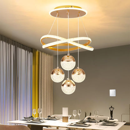 Gold LED Chandelier 3-Color Dimmable Hanging Pendant Ceiling Light Adjustable Height