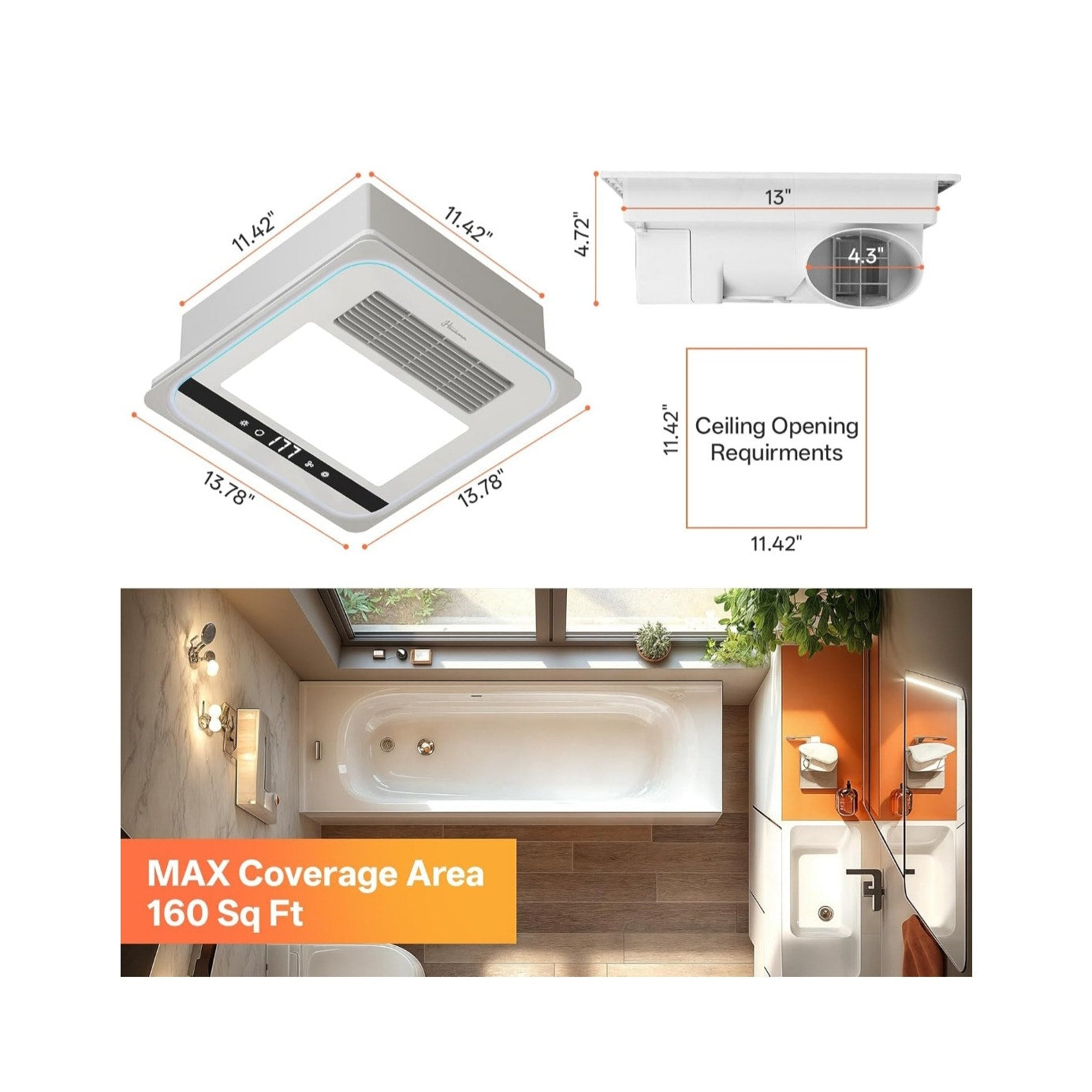 Quiet Bathroom Heater, Exhaust Ventilation Fan, & LED Light Combo 190 CFM 1760W w/ Remote