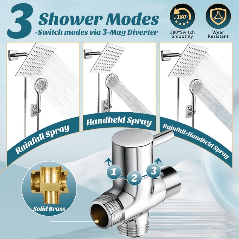 8" High Rainfall Showerhead & Handheld Shower Head Chrome w/ Diverter