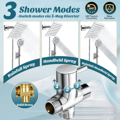 8" High Rainfall Showerhead & Handheld Shower Head Chrome w/ Diverter