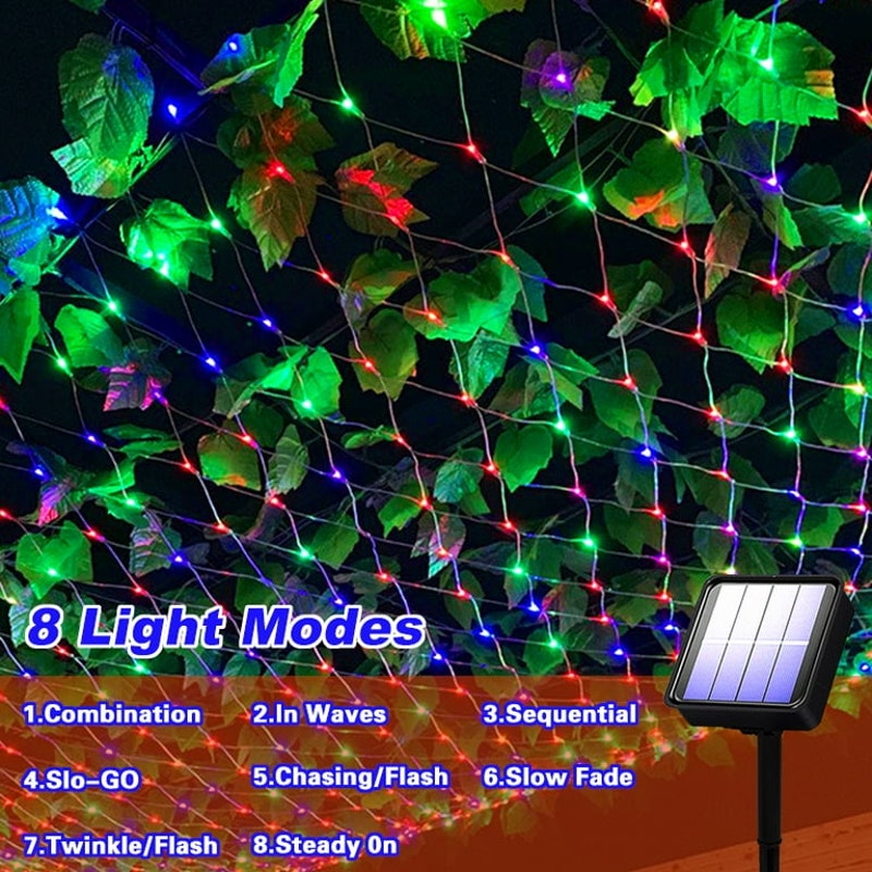 Solar Net Mesh Light 9.8ft x 6.6ft 192 LED, Waterproof Outdoor Net Light with 8 Modes