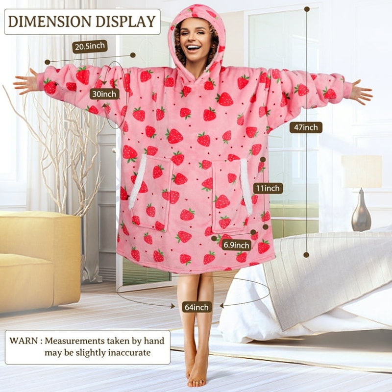 Wearable Strawberry Sherpa Blanket Hoodie w/ Front Pockets