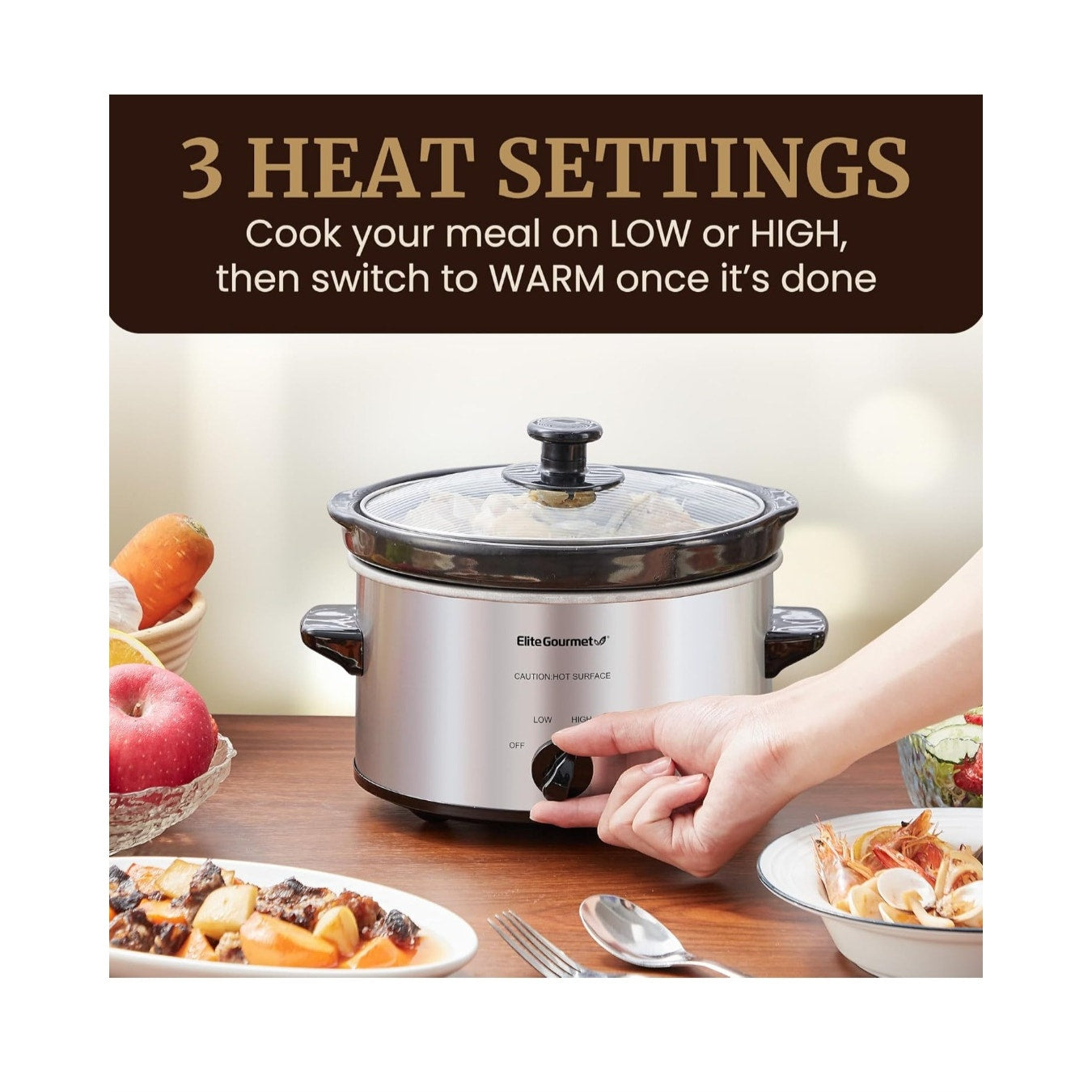 Stainless Steel Electric 2 Qt Oval Slow Cooker Adjustable Temp Dishwasher Safe