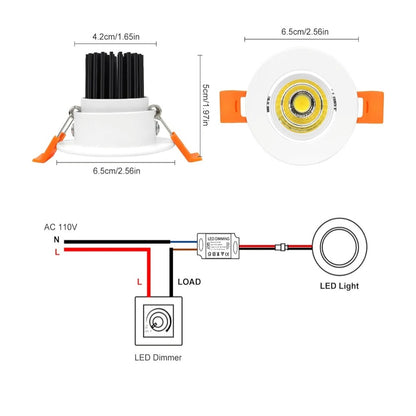 Set of Six, 2 Inch LED Downlight, 3W Recessed Lighting COB Dimmable.