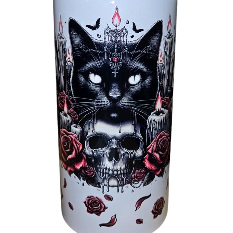 Cat & Skull Flower Halloween Water Bottle Stainless Steel Insulated w/ Straw UV DTF