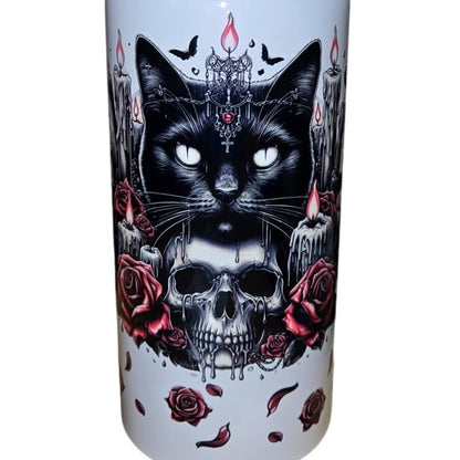 Cat & Skull Flower Halloween Water Bottle Stainless Steel Insulated w/ Straw UV DTF