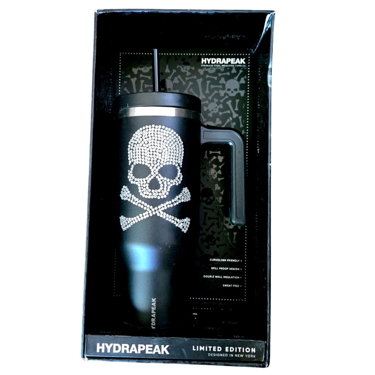 Hydrapeak Limited Edition Skull & Bones Bling 40oz Travel Mug w/ Straw Insulated