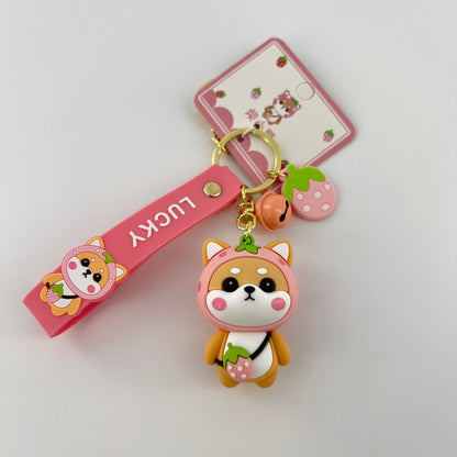 Cute Shiba Inu Keychain for Her in Pink Strawberry Design