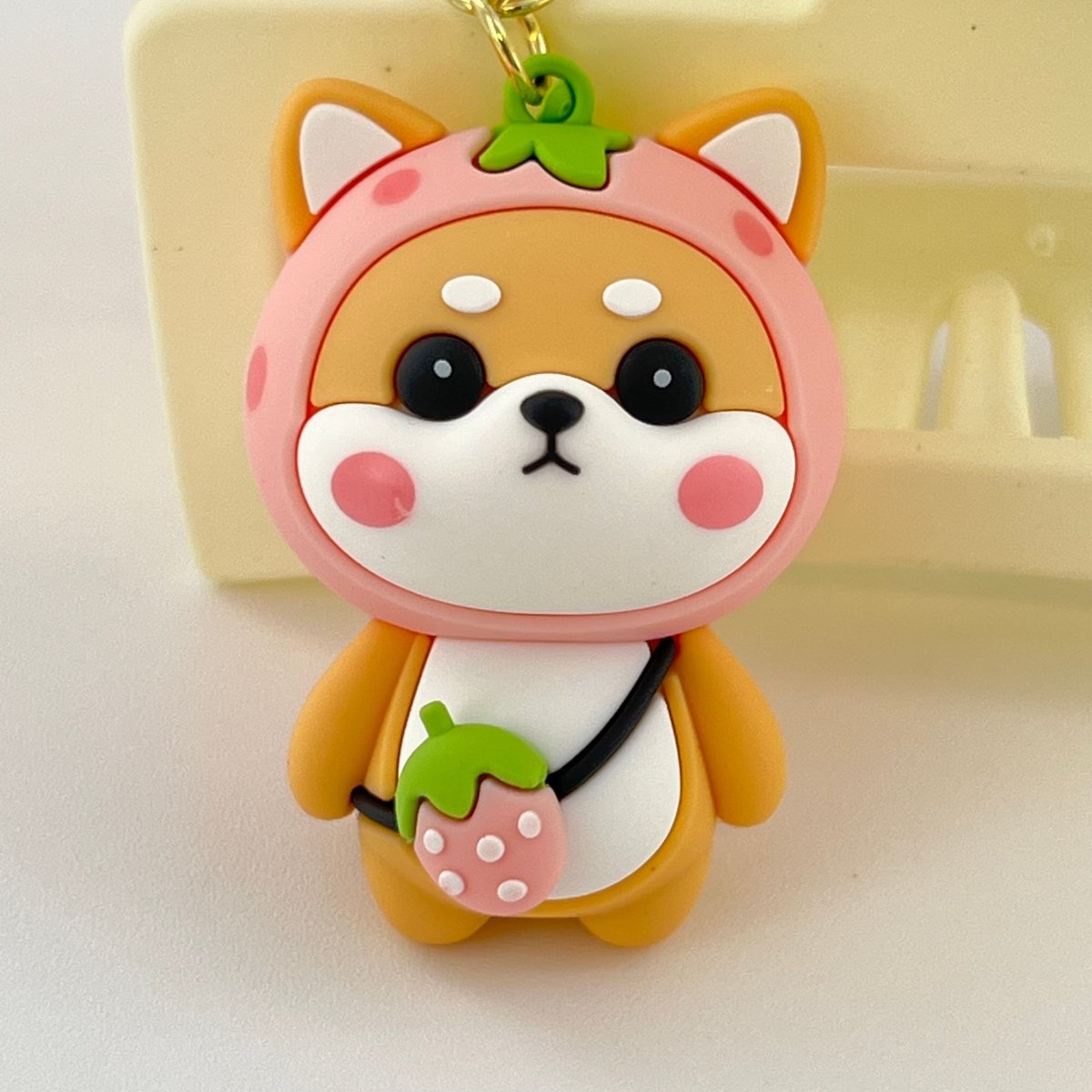 Cute Shiba Inu Keychain for Her in Pink Strawberry Design