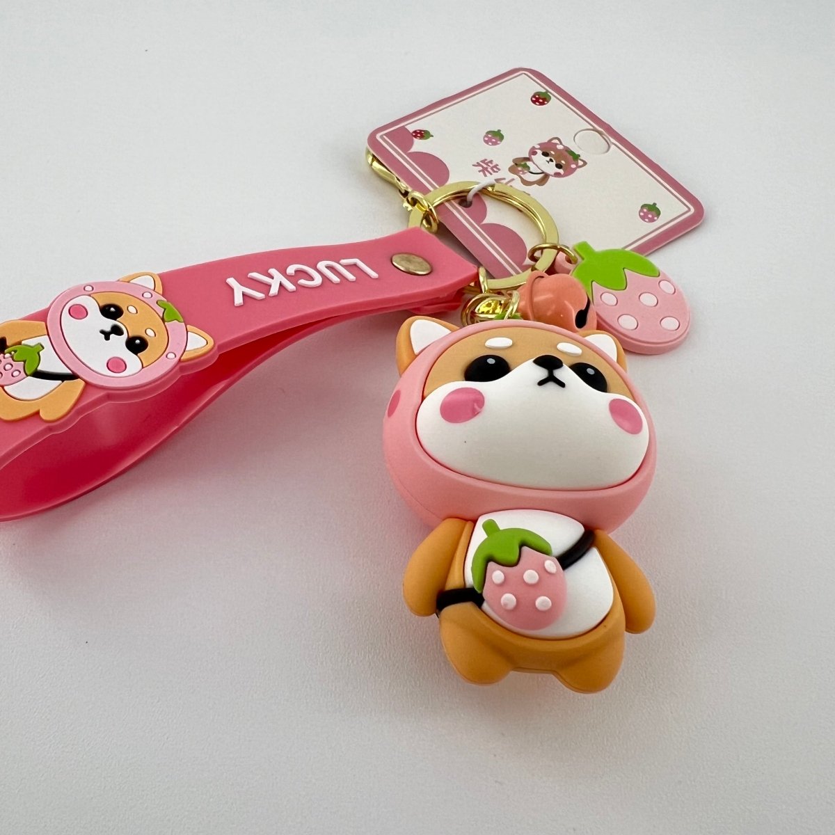 Cute Shiba Inu Keychain for Her in Pink Strawberry Design