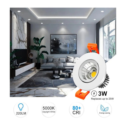 Set of Six, 2 Inch LED Downlight, 3W Recessed Lighting COB Dimmable.