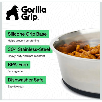 GORILLA GRIP Dog Bowls 304 Stainless Steel Holds 2 US Cups Each (16 fl oz)