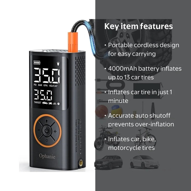Ophanie Cordless Portable Tire Inflator 160 PSI, 4000mAh,  Bicycle, Motorcycles