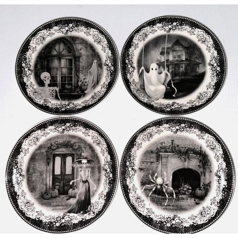 EATON FINE DINING Spooky House Halloween Salad Dessert Plates Set of 4 NEW 7 1/2"