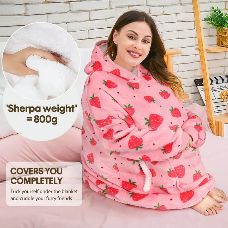 Wearable Strawberry Sherpa Blanket Hoodie w/ Front Pockets