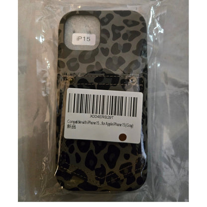 iPhone15 Fashion Card Holder Phone Case Cover Gray Animal Print