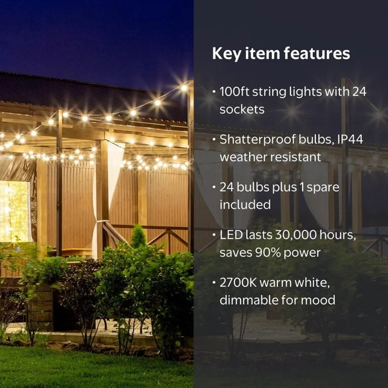100ft Outdoor String Lights, with 24 Edison Vintage Shatterproof Bulbs, ST38